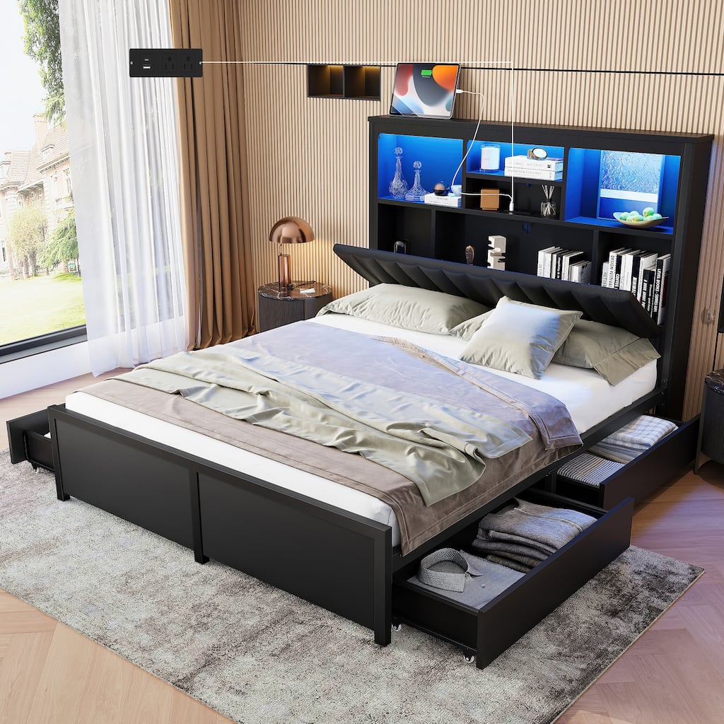 King/Queen Storage Bed with LED Headboard, Charging Station & 4 Drawers