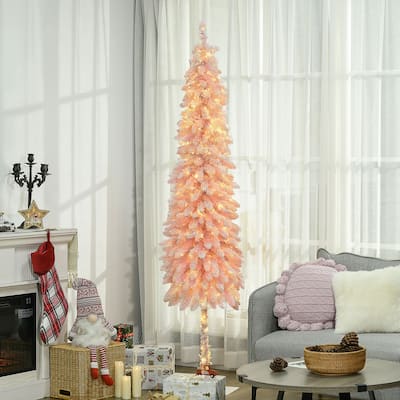 HOMCOM 6ft Tall Pencil Prelit Artificial Christmas Tree Holiday Décor with 703 Snow Flocked Branches, Pink