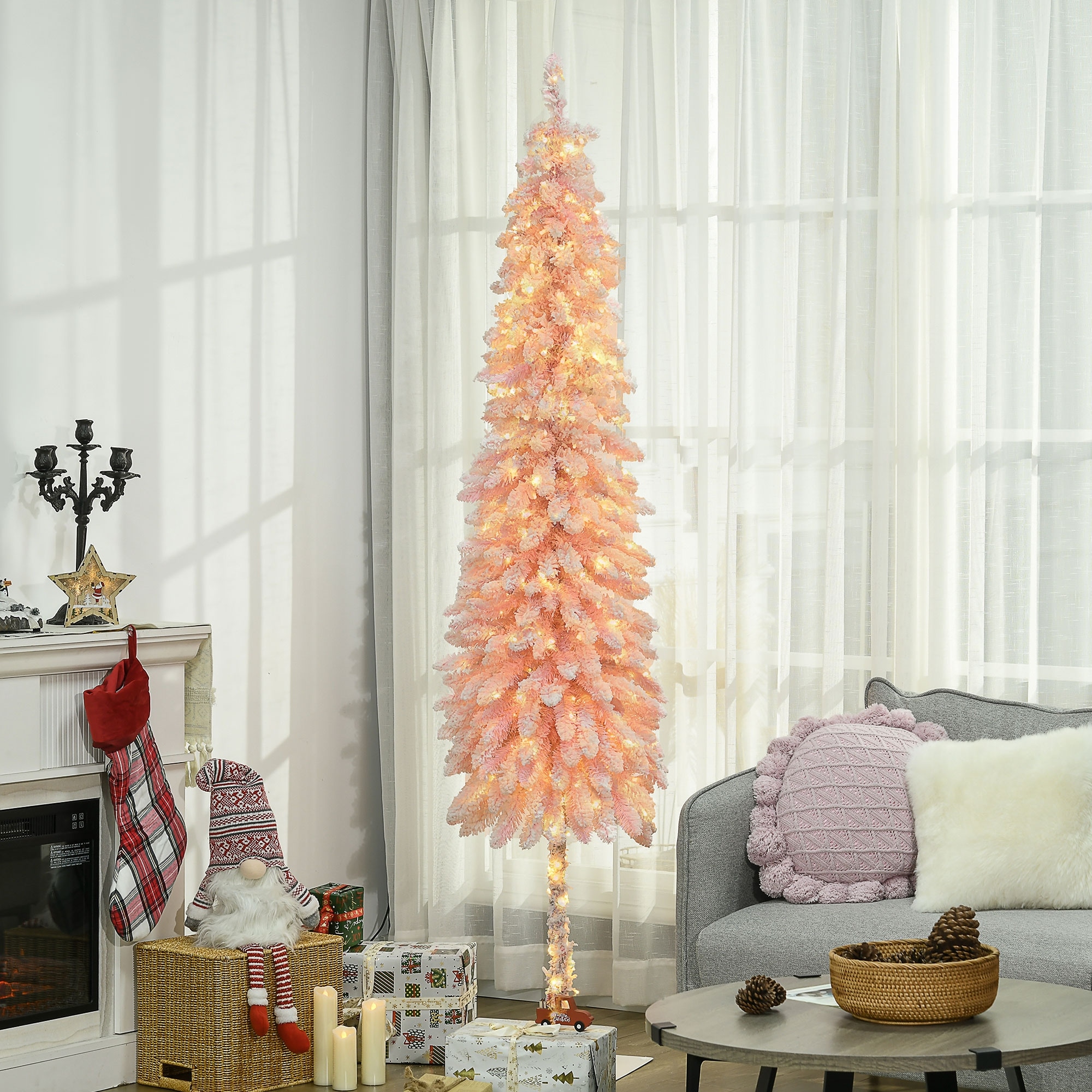 HOMCOM 6ft Tall Pencil Prelit Artificial Christmas Tree Holiday Décor with 703 Snow Flocked Branches, Pink