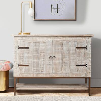 Wooden Entryway Cabinet with 2 Doors and Metal Frame, Antique White and Black