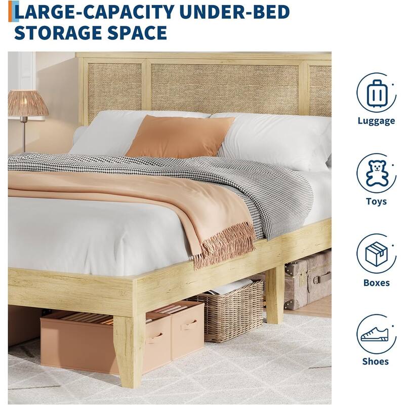 Boho-Style Platform Bed Frame with Natural Rattan Headboard, No Box Spring Required