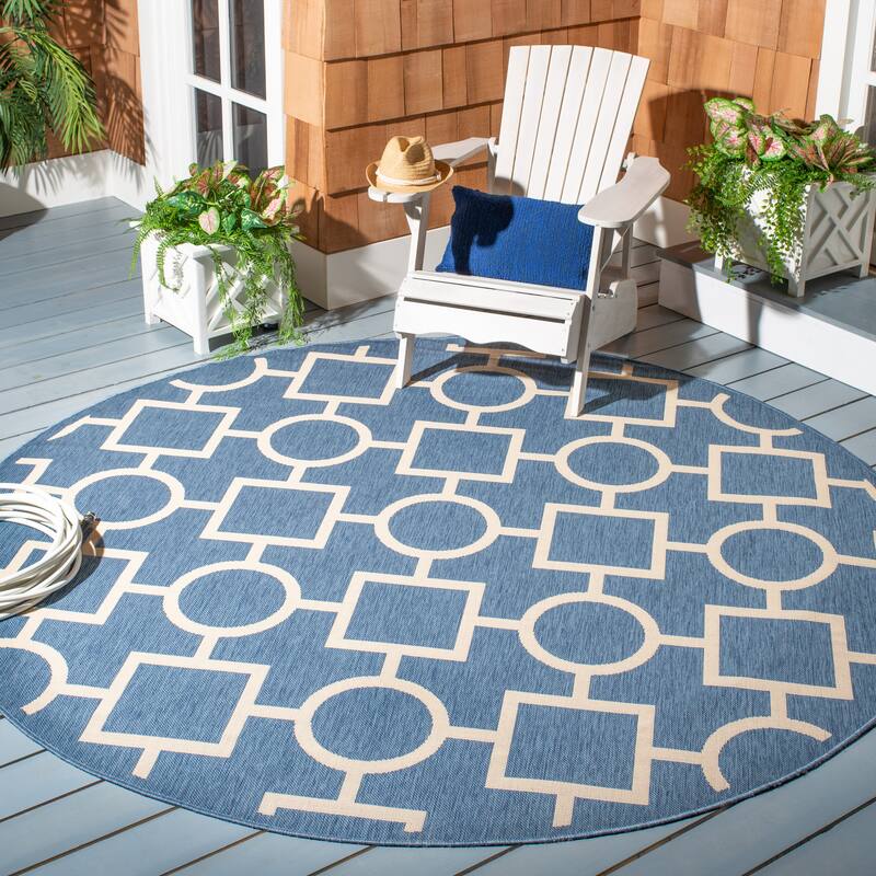SAFAVIEH Courtyard Lilya Indoor/ Outdoor Waterproof Patio Backyard Rug - 7'10" Round - Blue/Beige