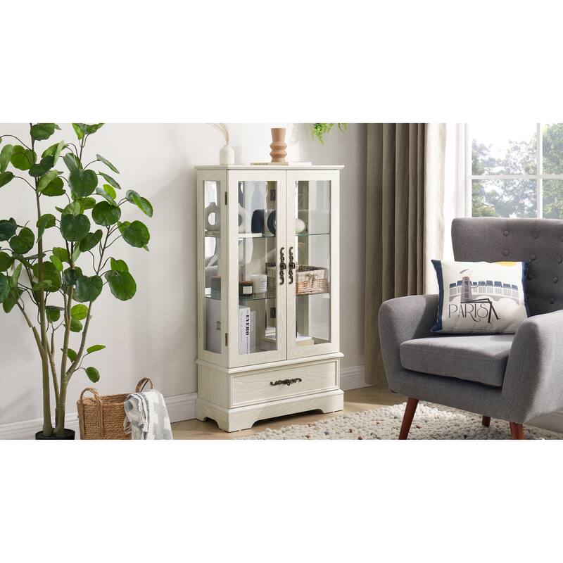 Lighted Glass Curio Cabinet with Adjustable Shelves - Elegant 2-Door Display Cabinet & Built-in Drawer, Includes Bulb