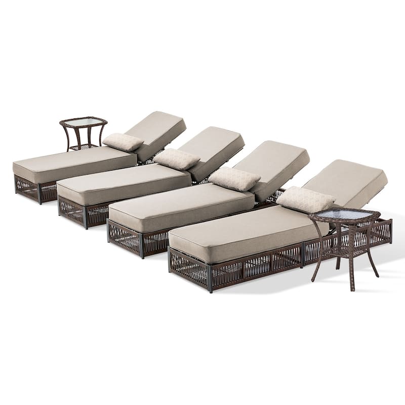 ArcoBay 6-Piece Brown Wicker Outdoor Patio Chaise Lounge with 5-Inch Thick Cushions and Side Table