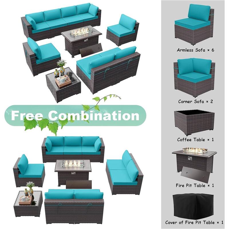 Delnavik 9-Pieces Wicker Patio Furniture Set with Firepit,Outdoor Seatings with Cushions - 9 pieces