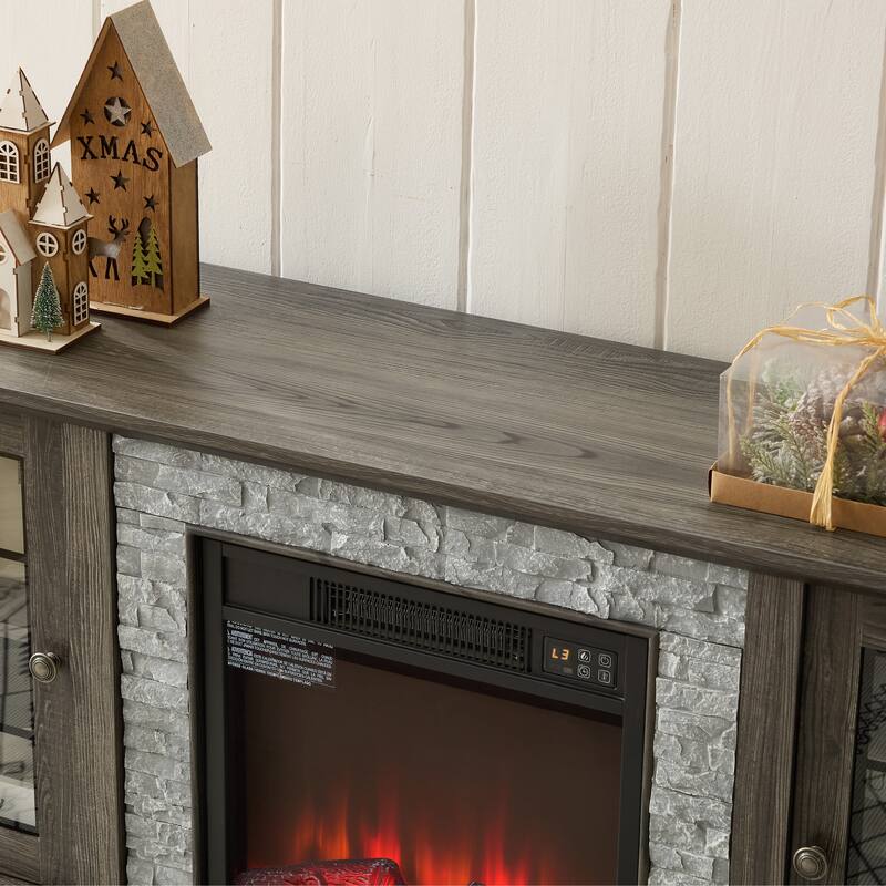 GDFStudio Eulalia Wood 2-Door Storage TV Stand with Faux Stone Mantle