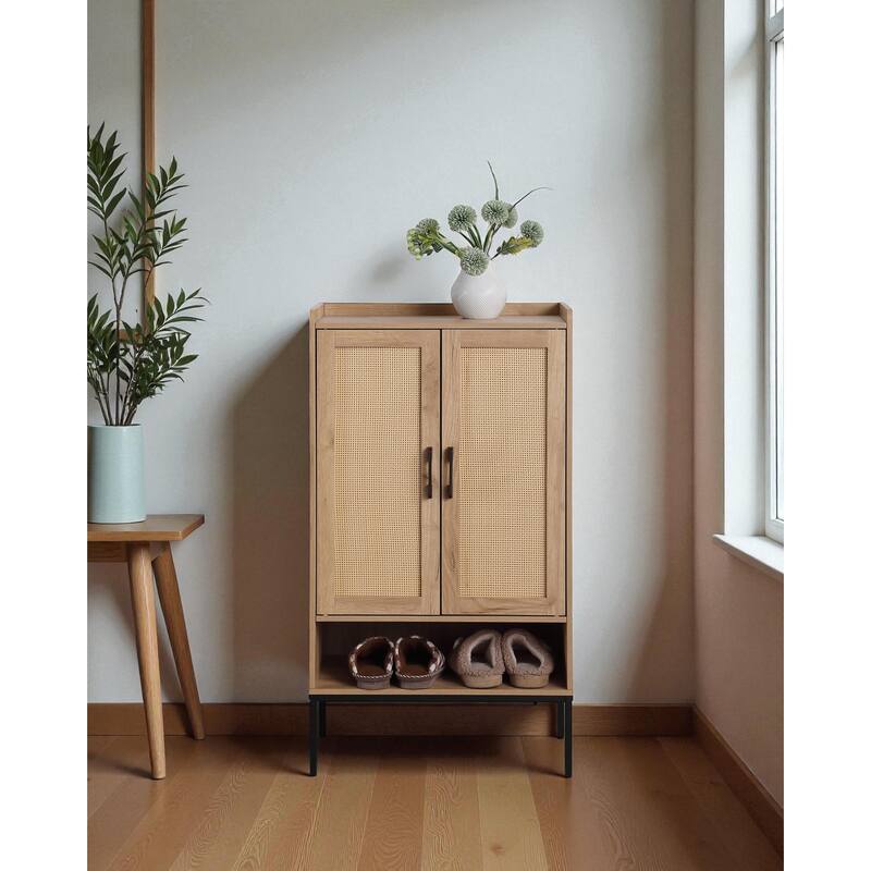 Rattan Door Shoe Cabinet, 5-Tier Wooden Shoe Storage Organizer with Open Shelves for Entryway, Hallway, or Bedroom