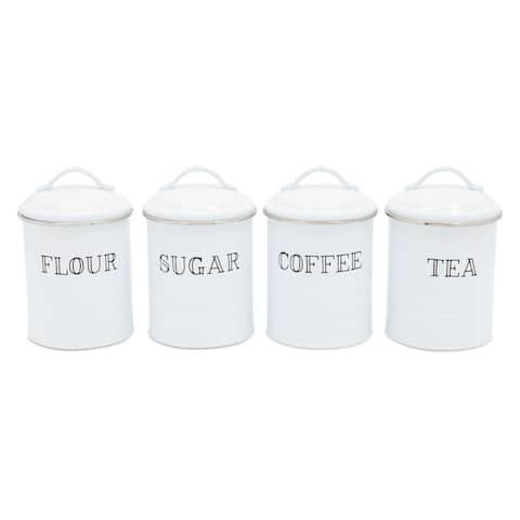Farmhouse Canister Set, White Metal Kitchen Containers with Lids (4 x 6.3 In, 4 Pack)
