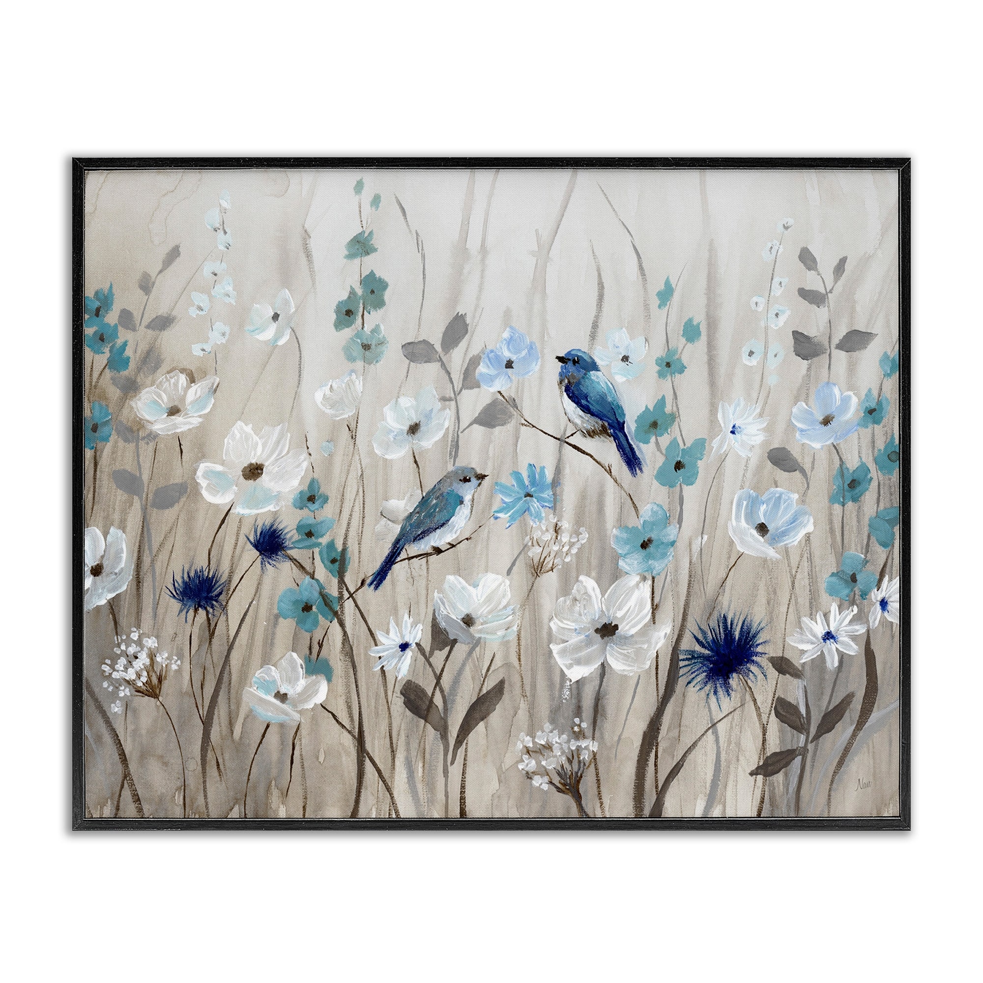 Stupell Birds Floral Meadow Blue White Blossoms Framed Wall Art