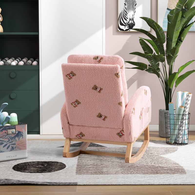 26.8'' Wooden Boucle Upholstered High Back Rocking Chair with Side Pocket: Ideal for Nursery, Living Room