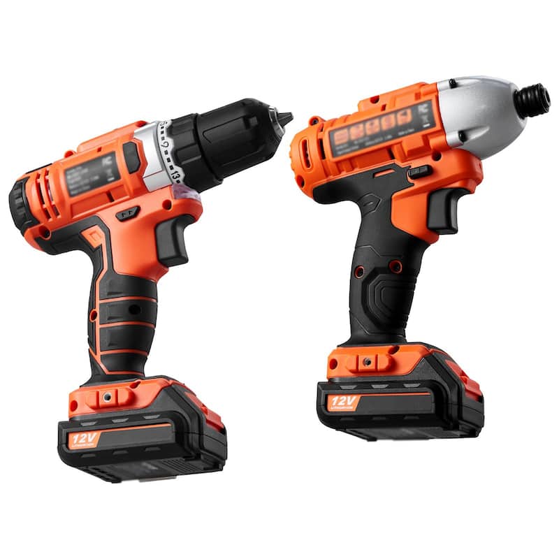 Black and Orange 12V Cordless 2 Tool Power Drill and Impact Driver Set with 2Ah Batteries and Fast Charger