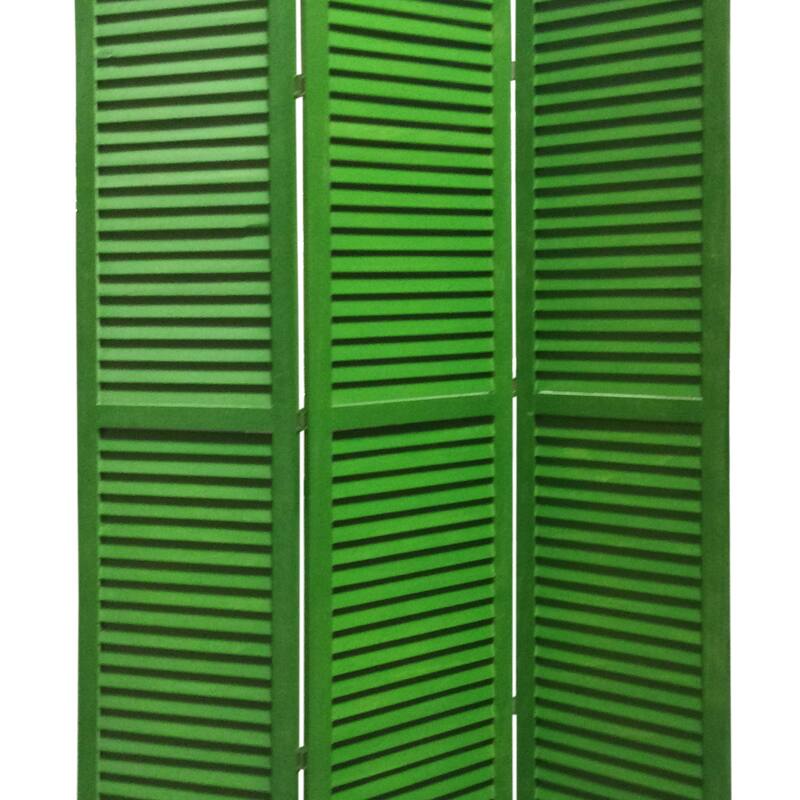 3 Panel Foldable Wooden Shutter Screen with Straight Legs, Green