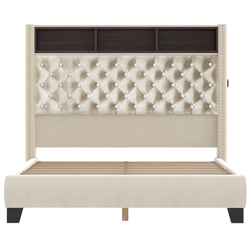 58" Tall Wingback Storage Headboard Bed Frame with USB Charging Stations and Deep Button Tufted