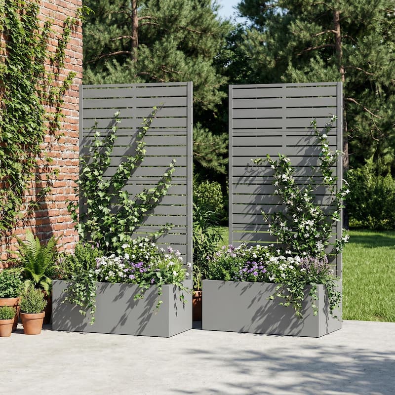 Metal Planter Box with Trellis Privacy Screen Planter Box Set of 2 - Grey