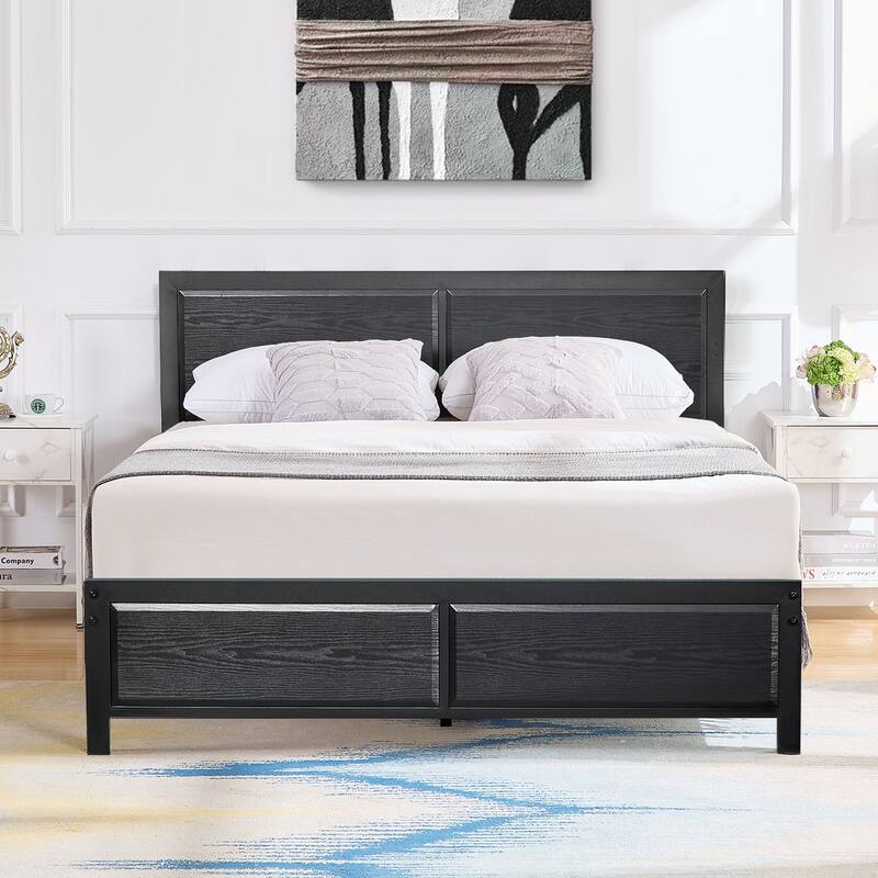 Javlergo Industrial Metal Platform Bed Frame with Wooden Headboard, Black