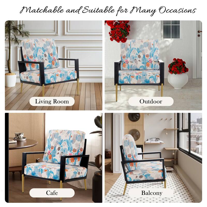 Retro Floral Print Velvet Armchair with Gold Legs and Rubberwood Frame, Ideal for Indoor and Outdoor Use