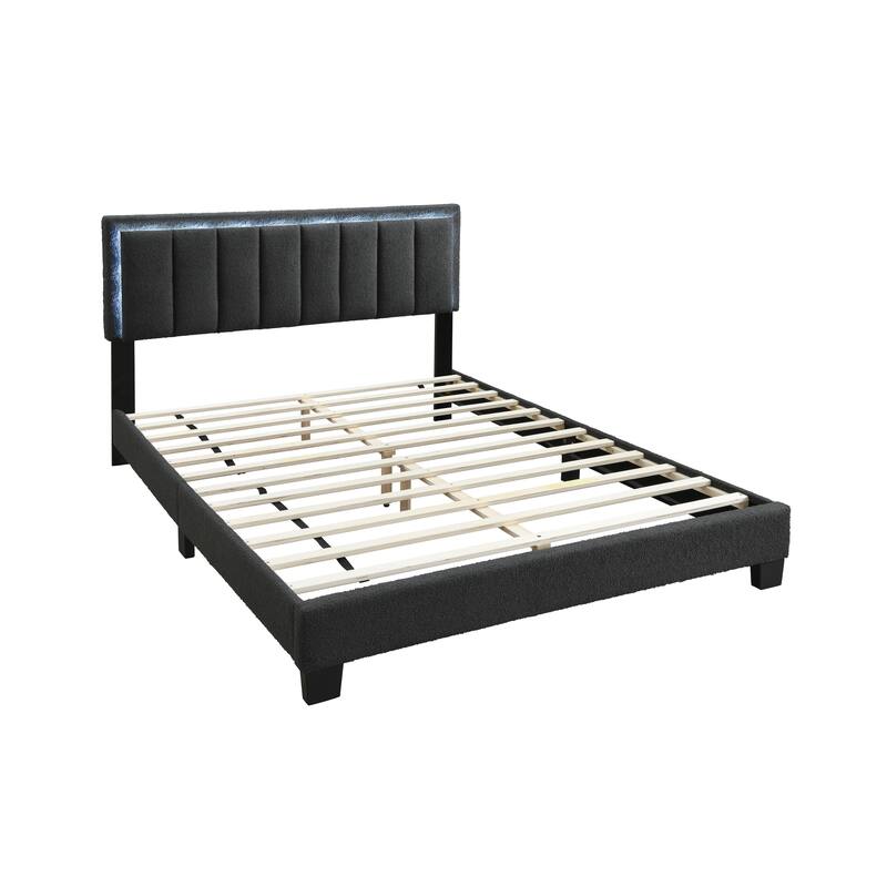 1pc Queen Size Bed Charcoal Wool Fabric Channel Tufting w LED Full Upholstered Bedframe Bedroom Bed