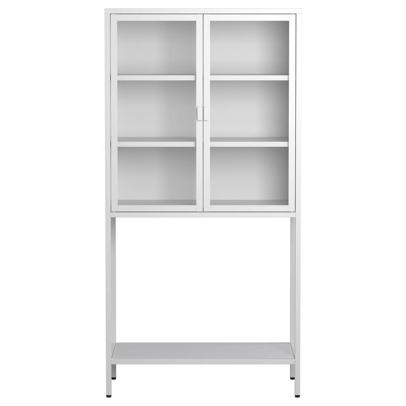 Heavy Duty Metal Storage Cabinet Sideboards & Buffet, Tall Bookcase Display Case with Glass Doors & 2 Adjustable Shelves