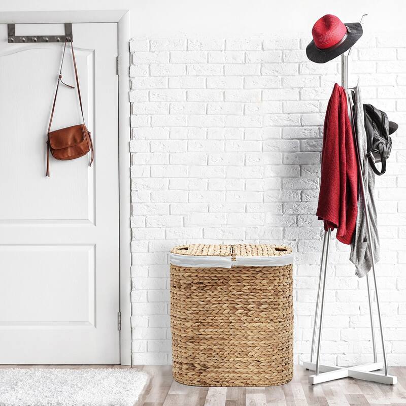 Seville Classics Hand Woven Natural Wicker Water-Hyacinth Lidded Oval Double Laundry Hamper