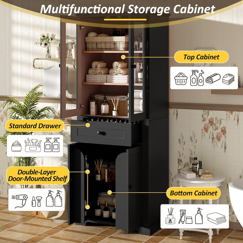 67.2" Modern Bathroom Linen Tower – Tempered Glass Doors, Adjustable Shelves & Soft-Close Drawer. Freestanding Storage Cabinet .