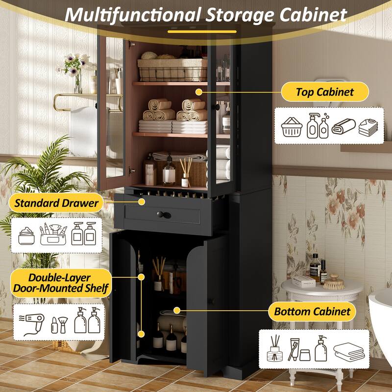67.2" Tall Bathroom Storage Cabinet with Tempered Glass Doors, Adjustable Shelves, Soft-Close Design