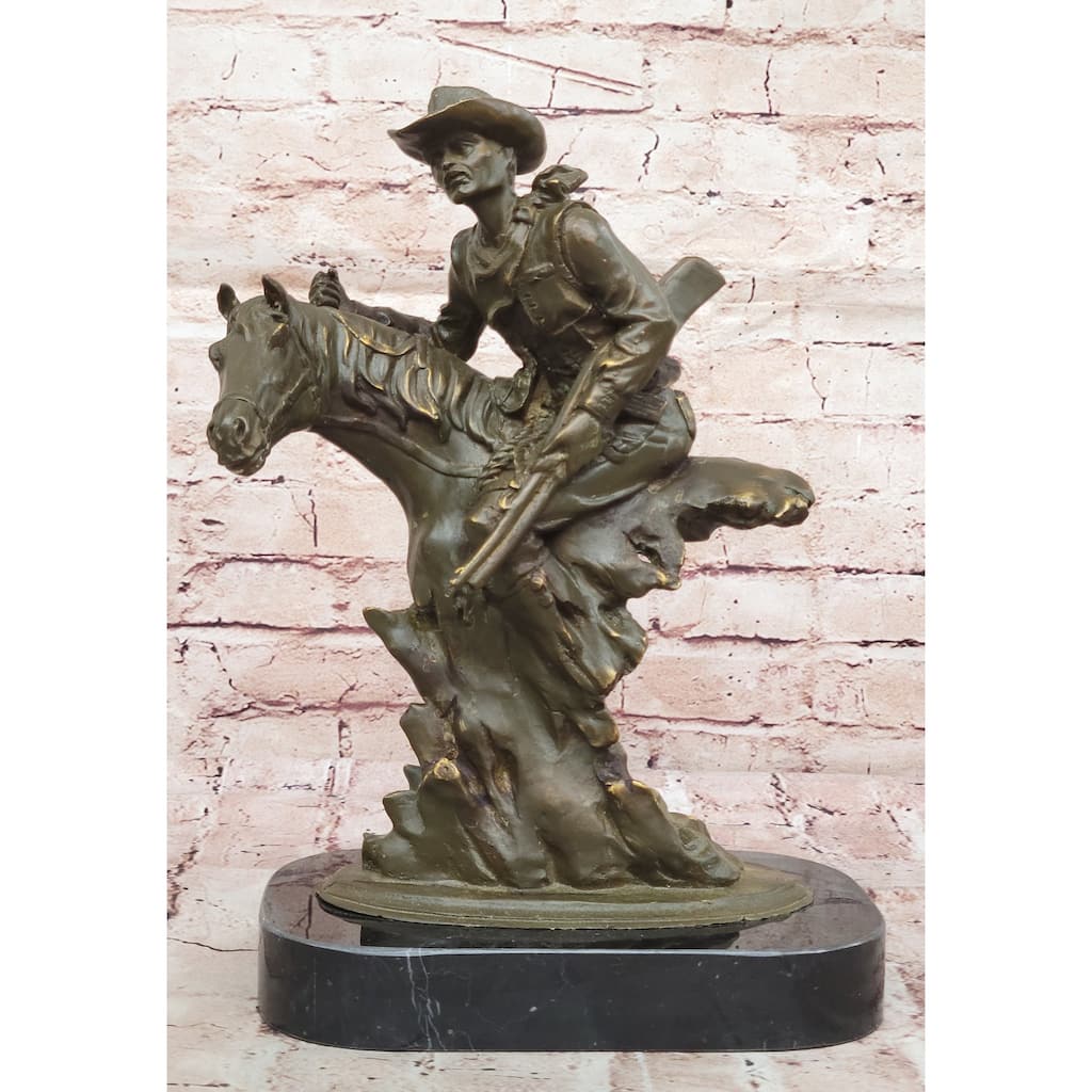 Cowboy With Rifle On Rearing Imitative Horse Bronze Sculpture - Wild West Equestrian Art