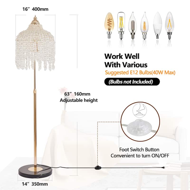 3-Light Crystal Floor Lamp - Grape Beads - Marble Base - Living Bedroom (Bulb Not Included)