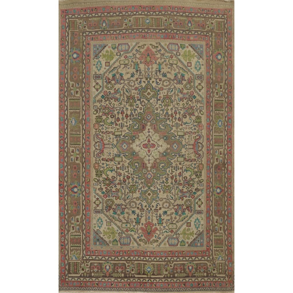 Hand Knotted Oriental 100% Wool Carpet Traditional Floral Beige & Ivories Tabriz Area Rug - 9' 9'' X 6' 4''