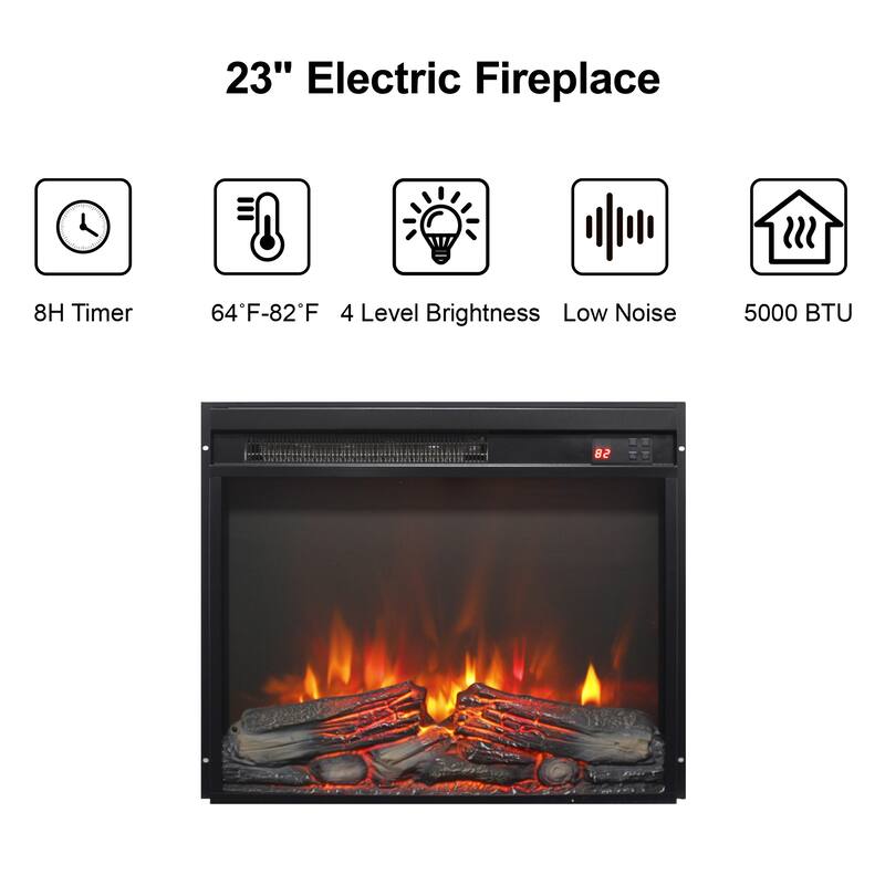 23 inch electric fireplace insert, ultra thin heater with log set & realistic flame, remote control with timer