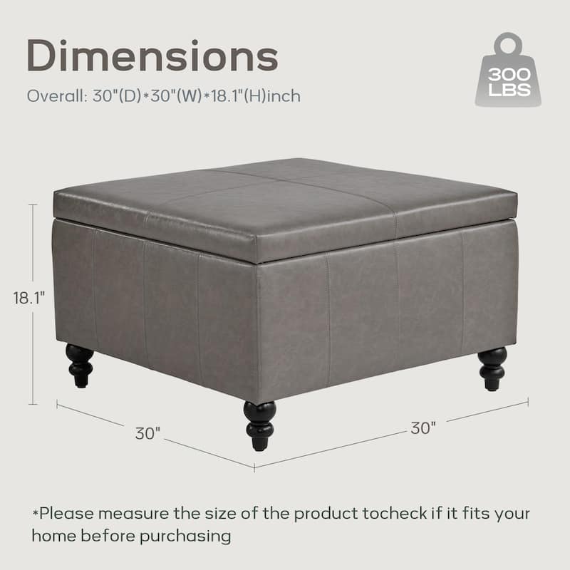 Leather Square Storage Ottoman for Living Room, Brown/ Black 30"W x 30"D x 18.1"H