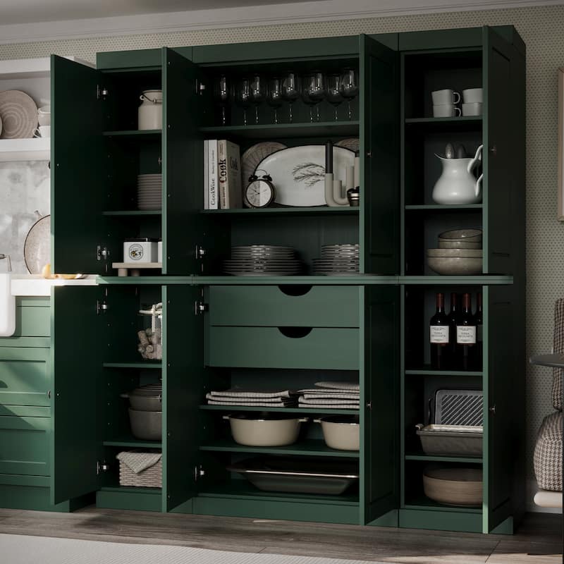 Palace Imports 100% Solid Wood Kitchen China Cabinet Pantry with Glass or Solid Wood Doors and 2-Drawer Kit - 65" x 71.5"