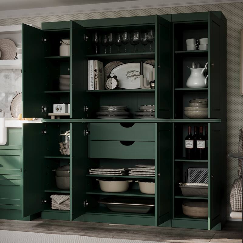Palace Imports 100% Solid Wood Pantry Cabinet, Raised Panel Doors, 2 Drawers, Adjustable Shelves, 65" Wide, 71.5" Tall - Green