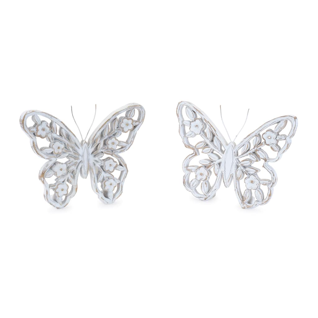 White Washed Floral Butterfly Décor (Set of 2)