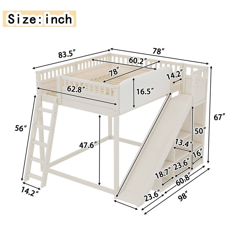 Minimalist Wood Loft Bed Frame with Upholstered Headboard, Storage Open Shelves, Safety Guardrails, Ladder and Slide for Kids