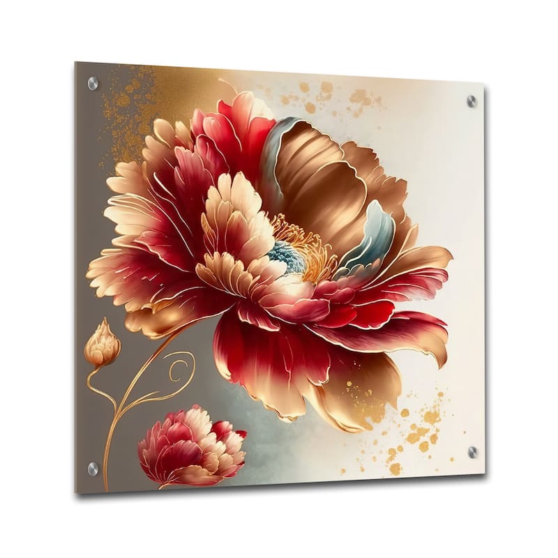 Designart "Bold Red Floral Design I" Floral Gloss Wall Decor Red - Traditional Acrylic Wall Art For Hallway Decor