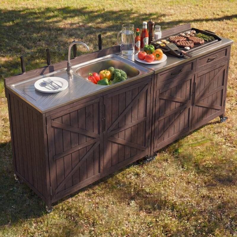 2-Piece Outdoor Kitchen Island Set with Stainless Steel Top and Sink, Drawer and Cabinets for Outdoor Storage w/ Wheels