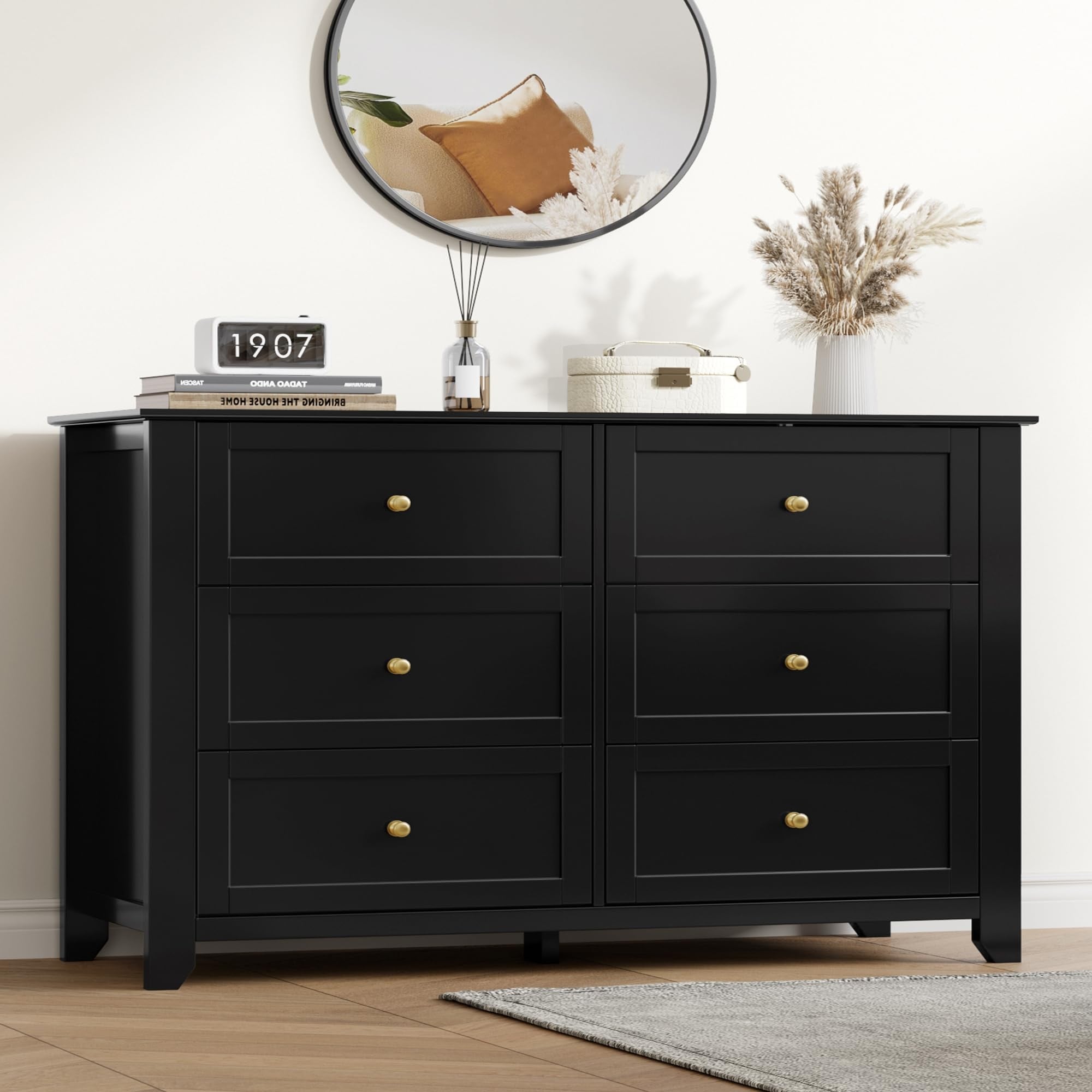 6 Drawer Dresser with Metal Knobs, 54" Wide Wooden Double Storage Chest for Bedroom Entryway Hallway