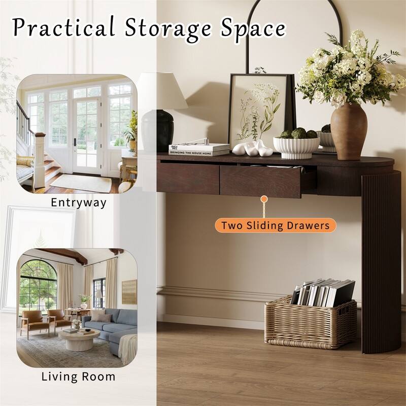 Modern Console Table with 2 Drawers and Oval Top, Entryway Table Sofa Table with Fluted Design and Natural Wood Grain Finish
