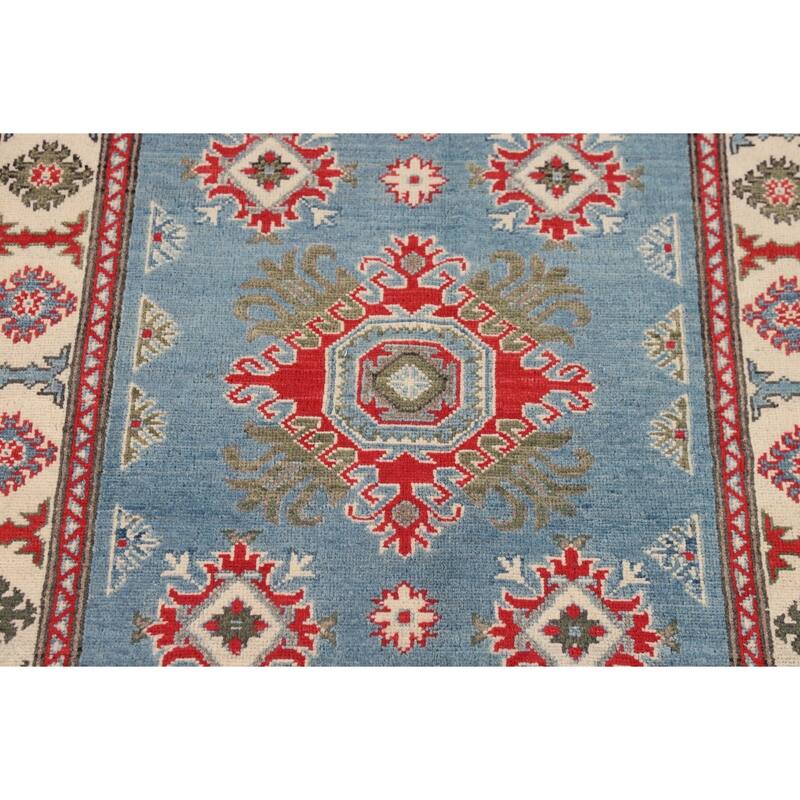 Blue Geometric Kazak Foyer Rug Hand-Knotted Oriental Wool Carpet - 3'4" x 4'11"