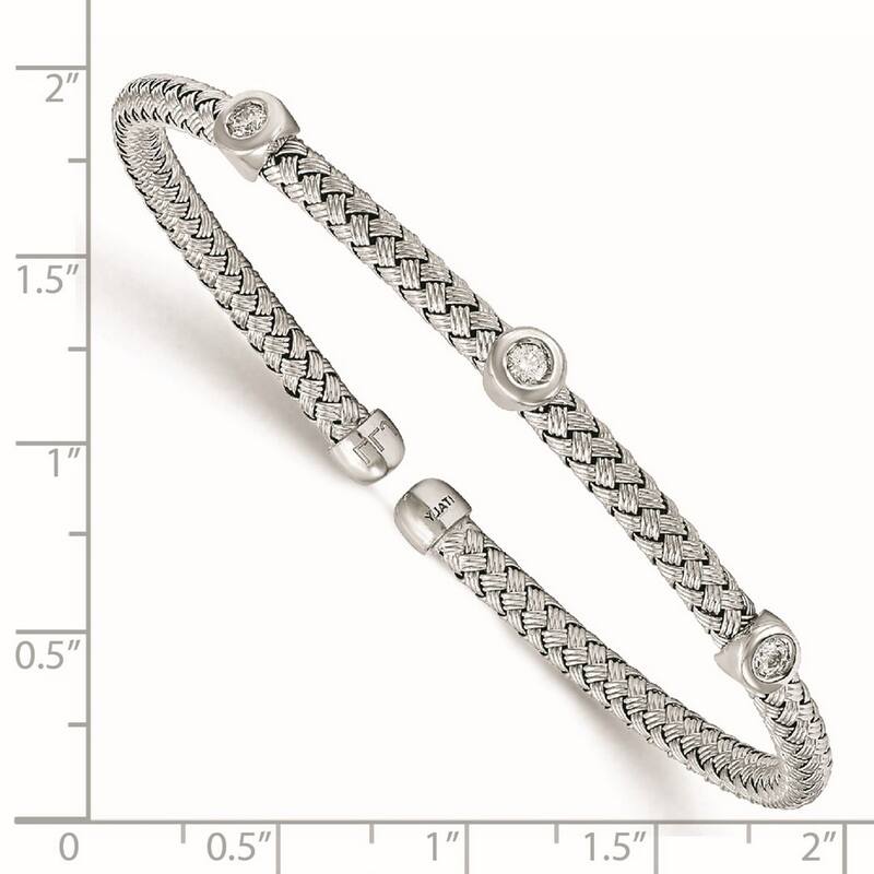 Curata 925 Sterling Silver Rhodium 3.7mm Station Cubic Zirconia Woven Flexible Cuff Bangle