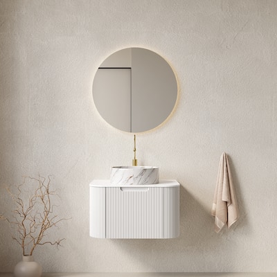 Vanity With Sink, Wall-Mounted Floating Curved Edges Striped Bathroom Storage Cabinet With Drawer,Round Ceramic Basin