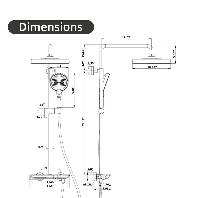 Modland 3-Function 11" Rainfall Shower System, Adjustable Slide Bar, 1.59GPM, Brushed Gold/Chrome