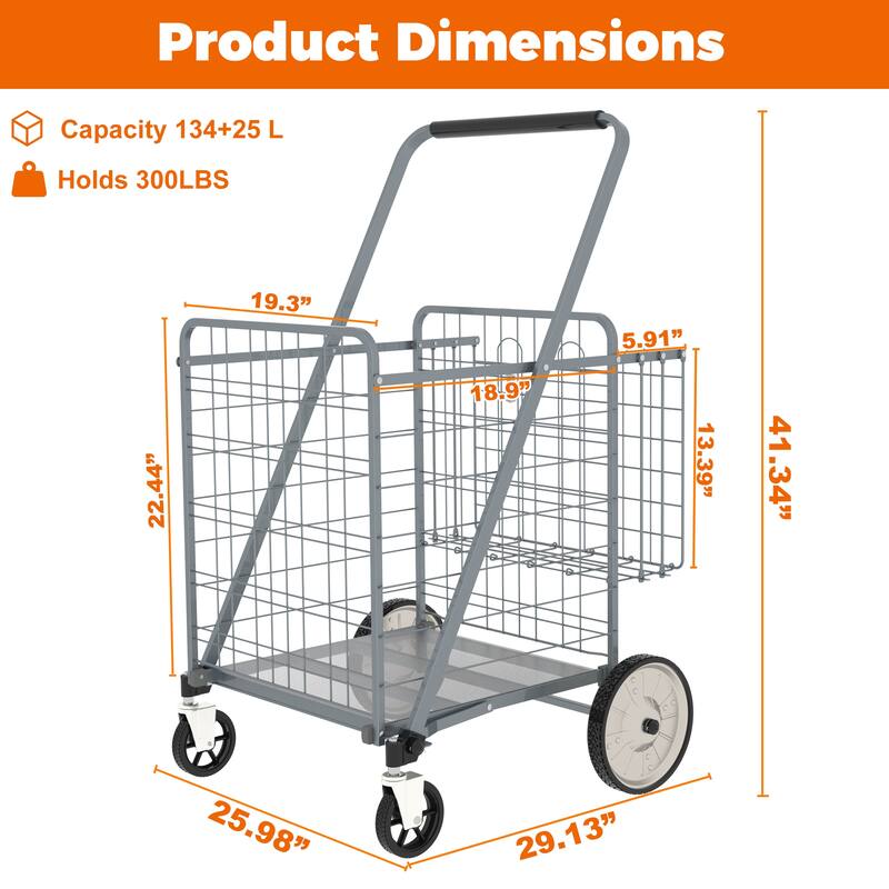 Foldable Grocery Shopping Cart with Double Basket and 360 Rolling Swivel Wheels