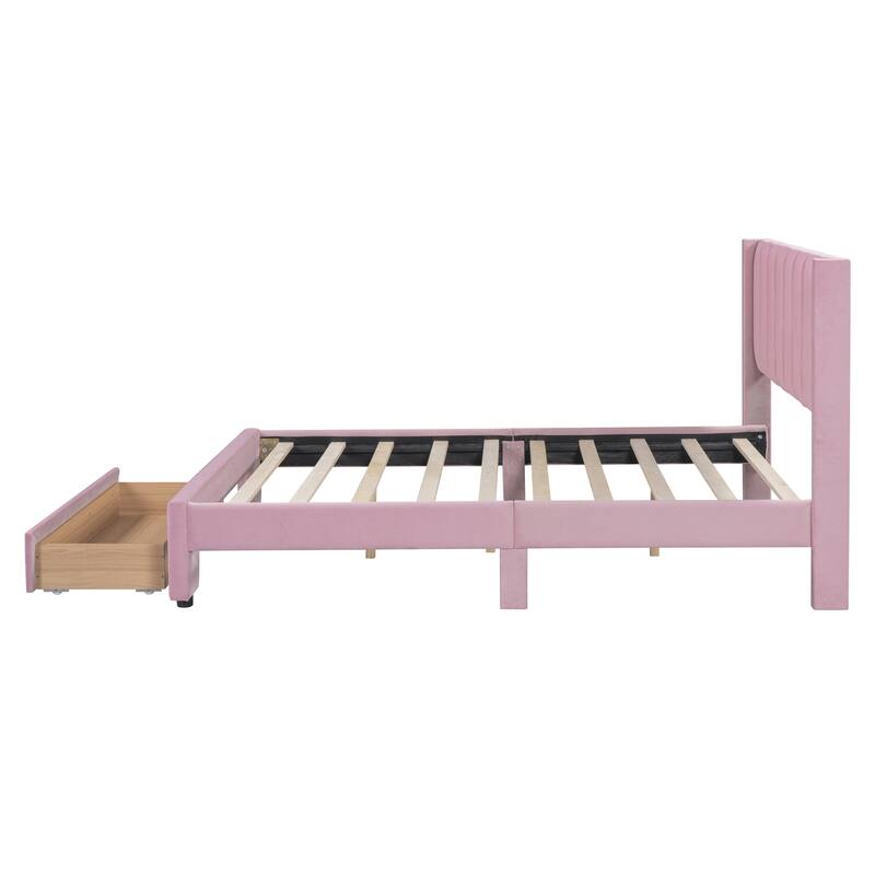 Velvet Upholstered Storage Platform Bed with a Drawer