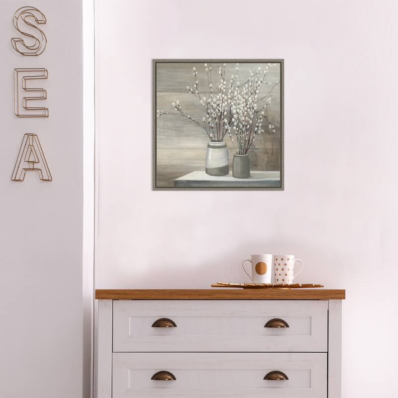 Canvas Art Framed 'Willow Still Life Gray Pots' by Julia Purinton - Black