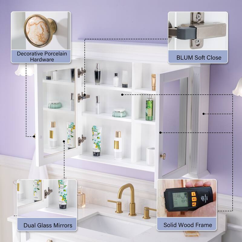 40"W X30"H Surface Mount Solid Wood Framed Medicine Cabinet With Soft-close door And Wooden Shelves