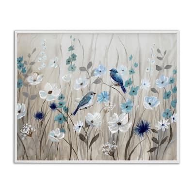 Stupell Birds Floral Meadow Blue White Blossoms Framed Wall Art