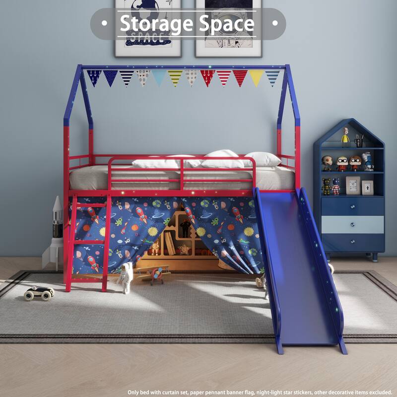 Metal Junior House Twin Loft Bed with Slide and Curtain Set