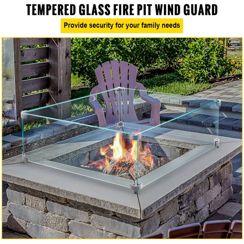 Clear Tempered Glass Fire Pit Guard with Alloy Brackets - 14" L x 14" W x 6" H