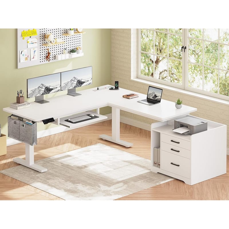 L Shaped Electric Standing Desk with File Cabinet Height Adjustable 63 x 53'' - White